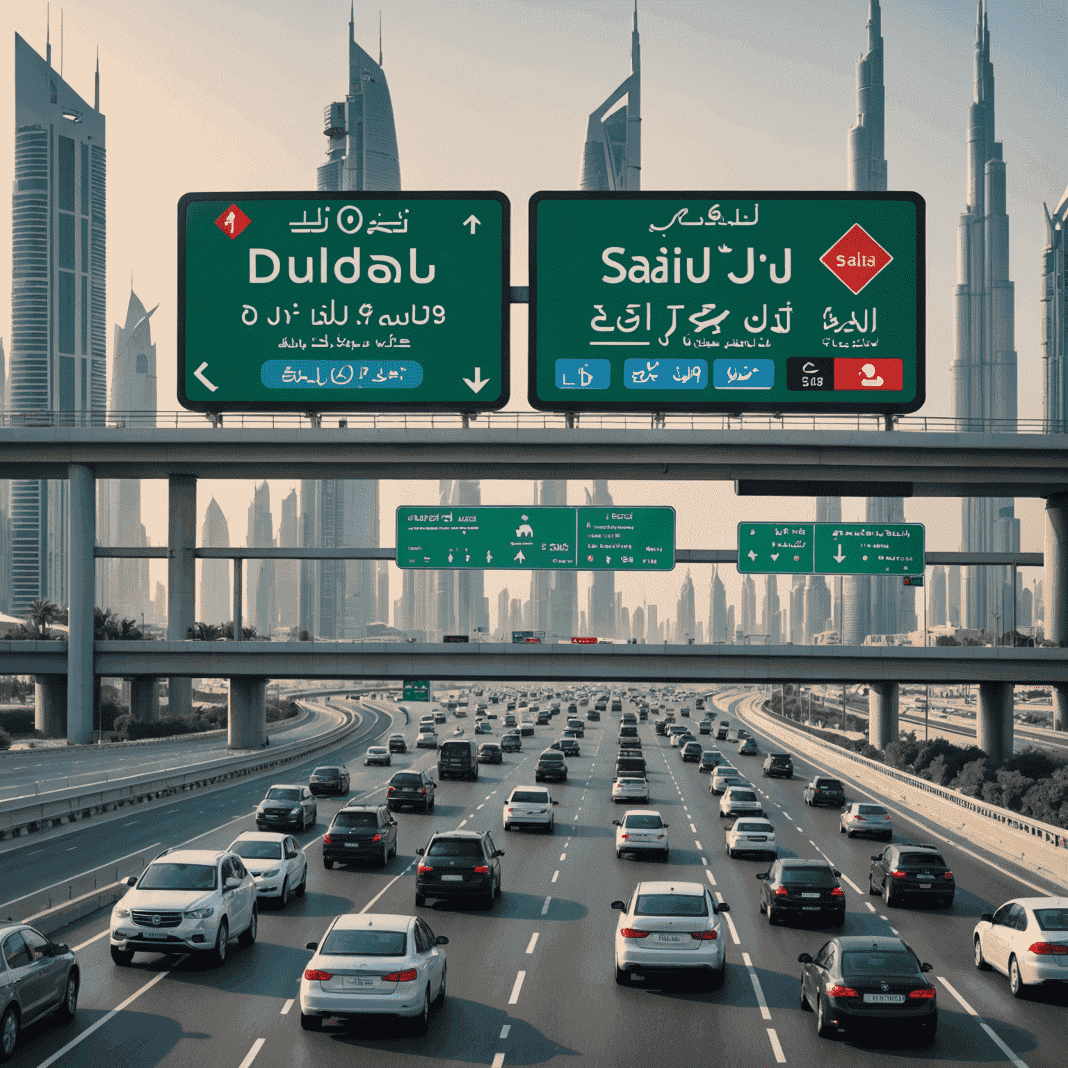 Dubai skyline with Salik toll gates visible on the highway. Electronic signs displaying latest updates and changes to the Salik system.