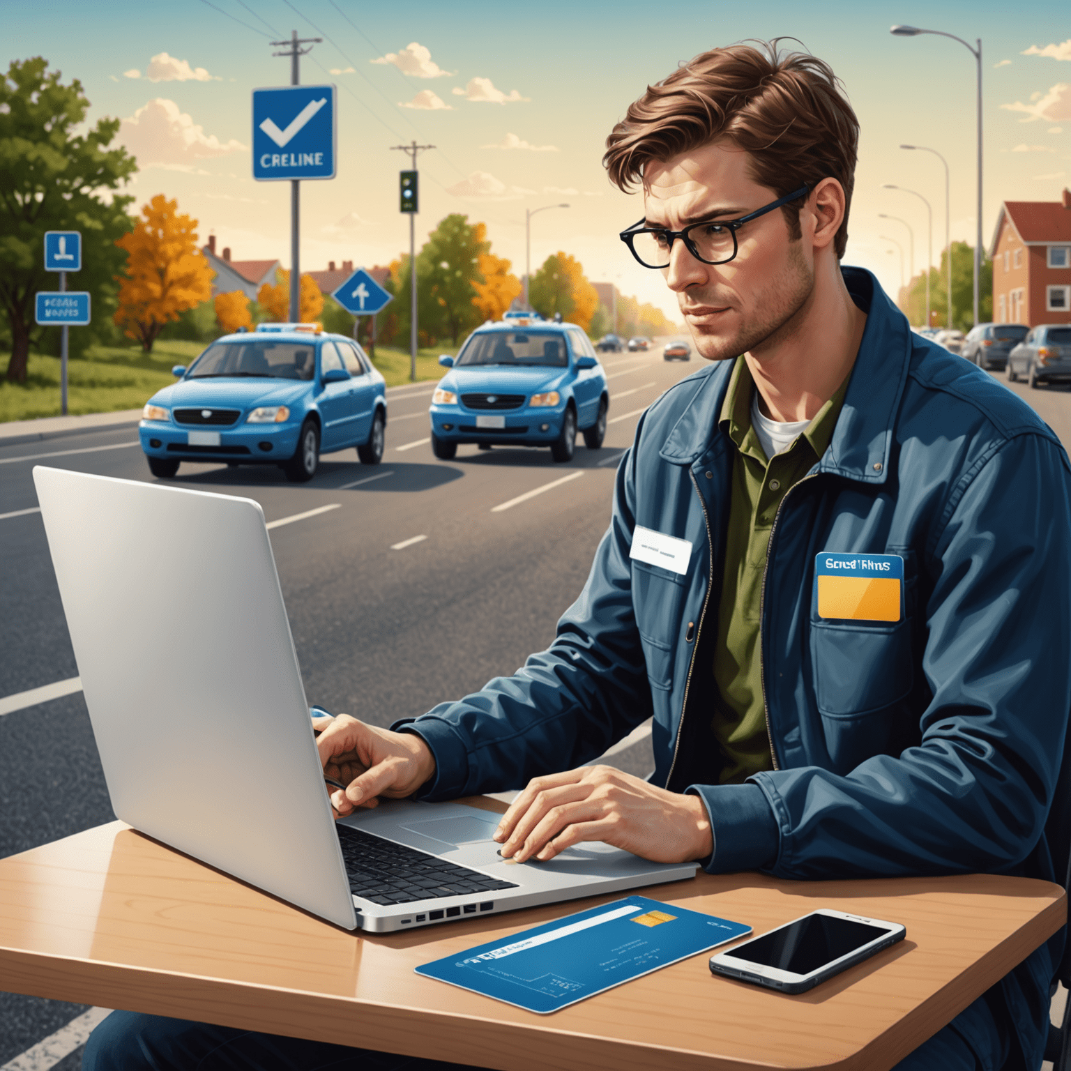 Illustration of a person paying a road fine online using a laptop and credit card