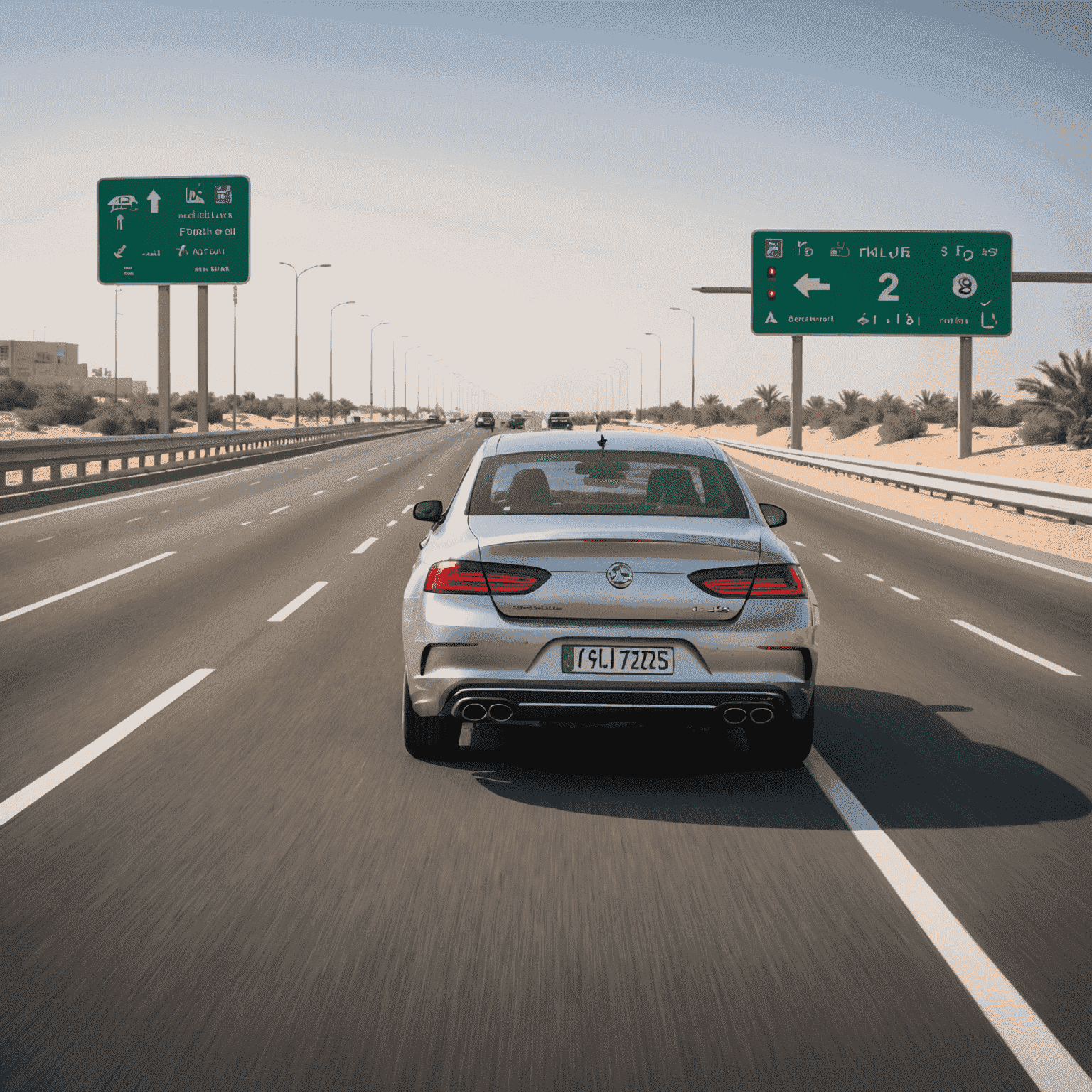 A car speeding on a UAE highway with speed limit signs visible