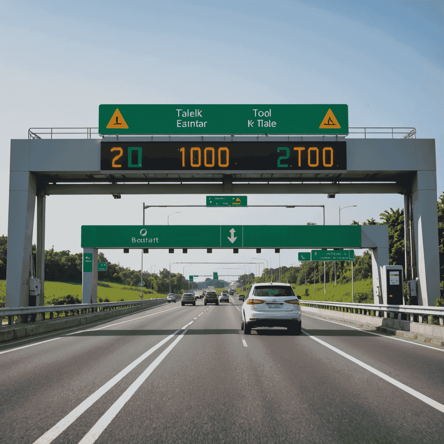 A car passing through a Salik toll gate with a digital display showing the toll amount