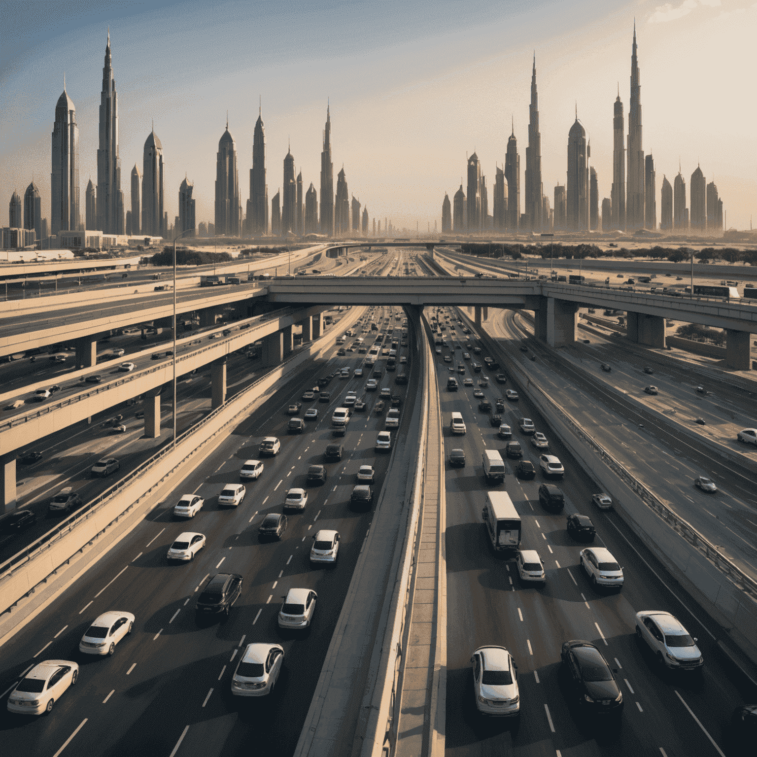 A Dubai highway with Salik toll gates visible, showing modern infrastructure and busy traffic