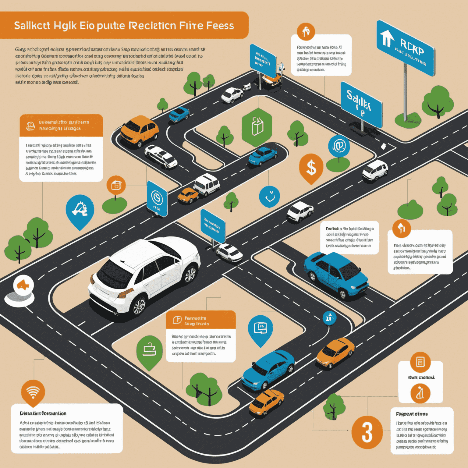 Infographic showing the step-by-step dispute resolution process for Salik charges and road fines. The image includes icons representing each step: reviewing the fine, gathering evidence, submitting an appeal, awaiting review, and receiving the decision.