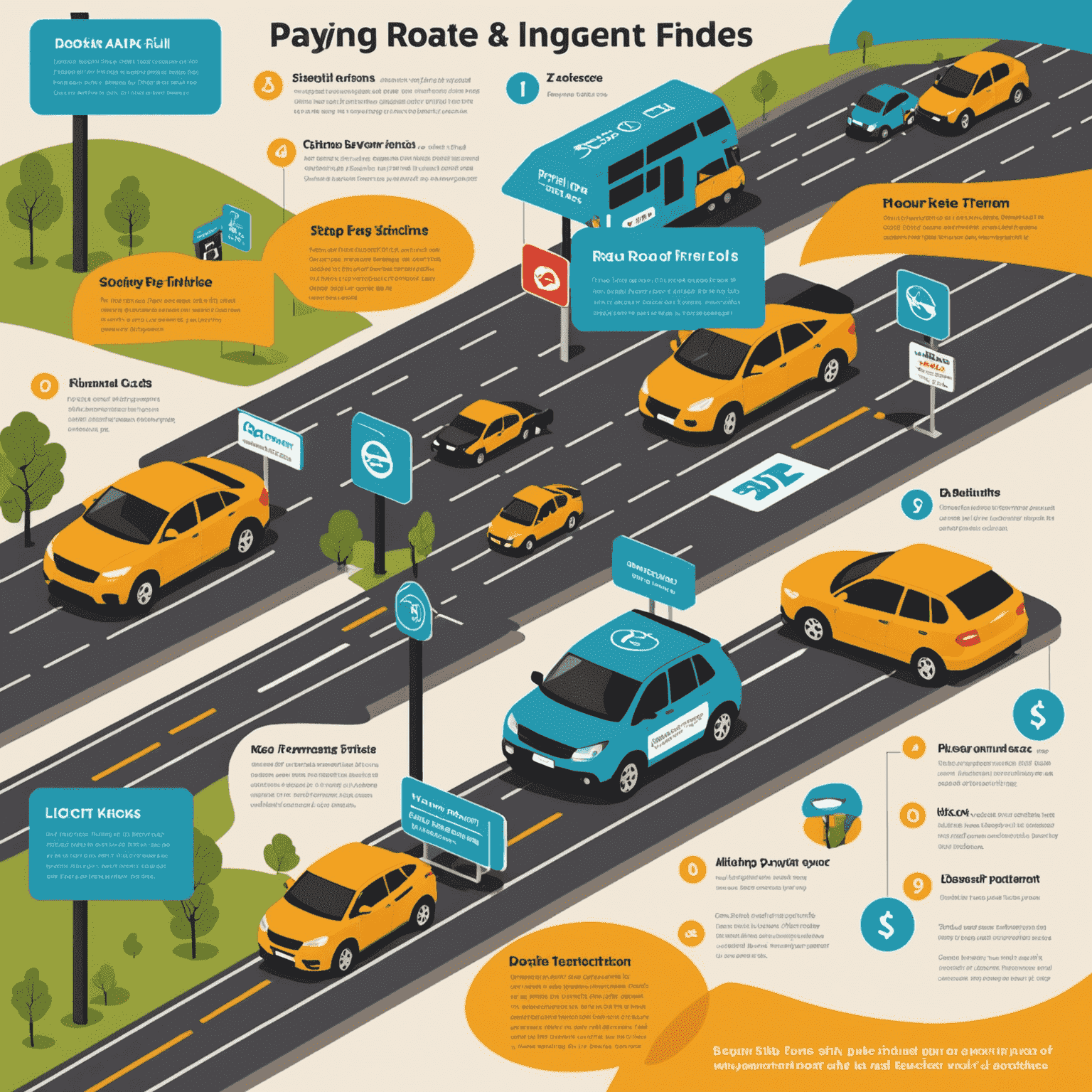 Infographic showing step-by-step process of paying road fines. Icons representing different payment methods like credit cards, mobile payments, and kiosks.