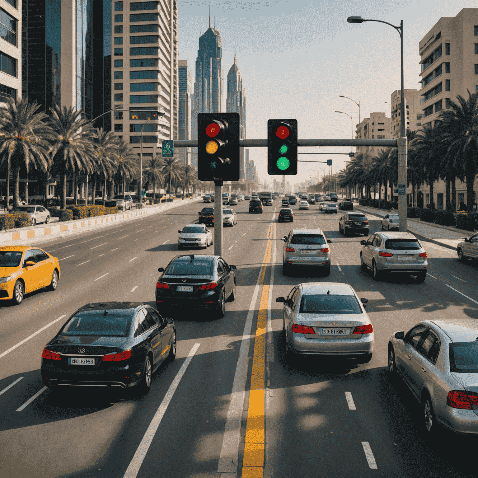 A traffic light showing red with cars stopped at an intersection in Dubai