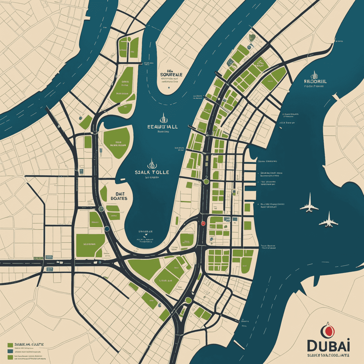 Map of Dubai highlighting the locations of Salik toll gates across the city