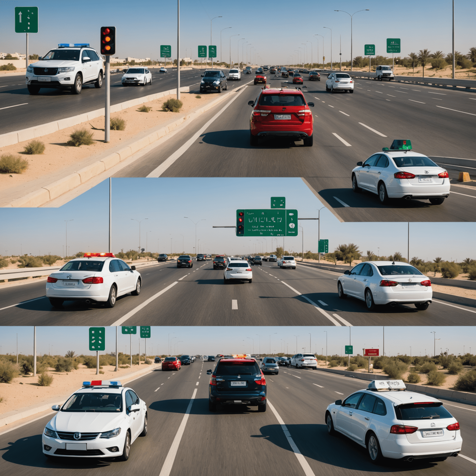 Collage of various traffic violation scenarios in UAE, including speeding, illegal parking, and running red lights. Penalty amounts displayed next to each violation.