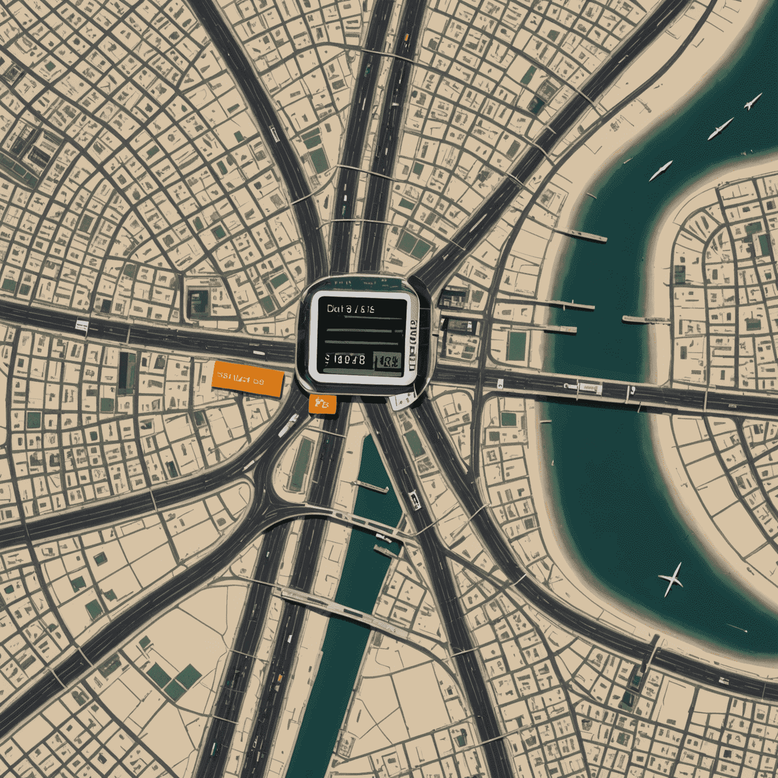 A digital map of Dubai with Salik toll gates highlighted, and a calculator overlay showing estimated charges