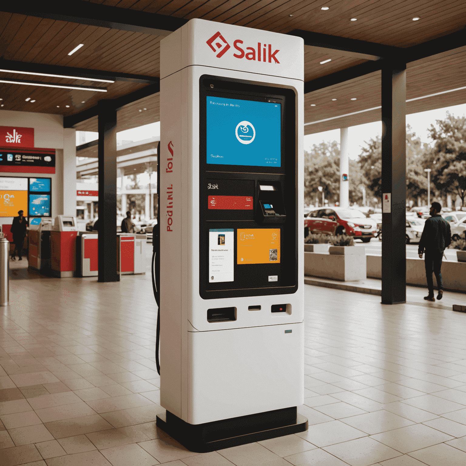 A modern payment kiosk in a public area, displaying options for Salik recharge and fine payments